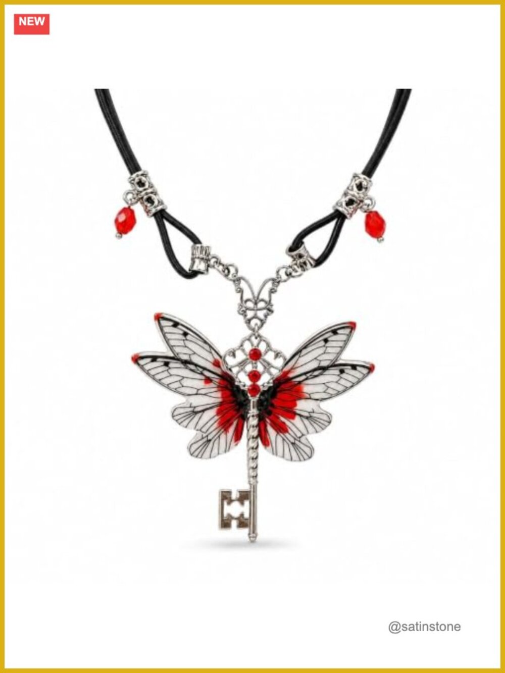 Gothic Fairy Wing Key Pendant Necklace Black Cord Fantasy Jewelry Halloween